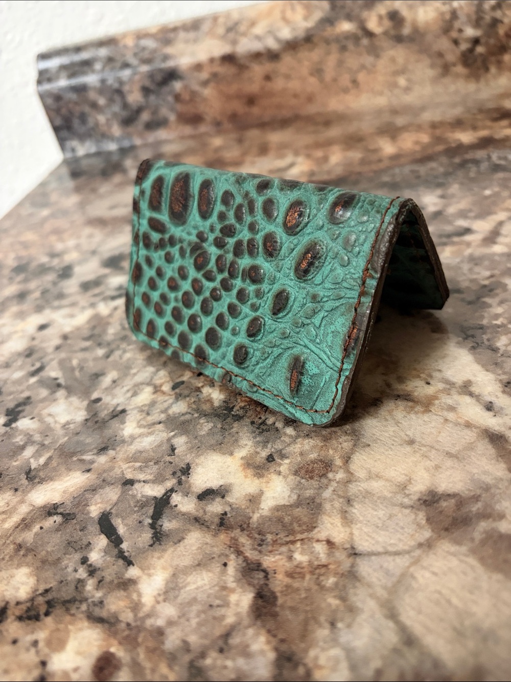 Teal Croc-Embossed Leather Card Holder